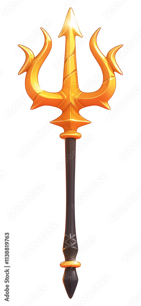 Poster golden trident with intricate design, isolated on transparency background