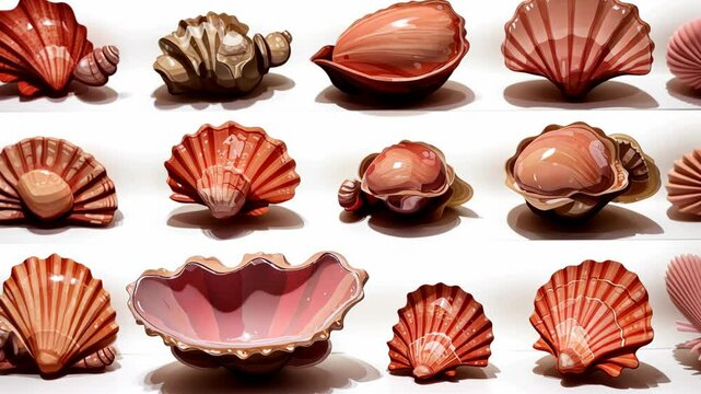 Display of intricately designed ceramic shell art arranged in a visually appealing pattern on a white background