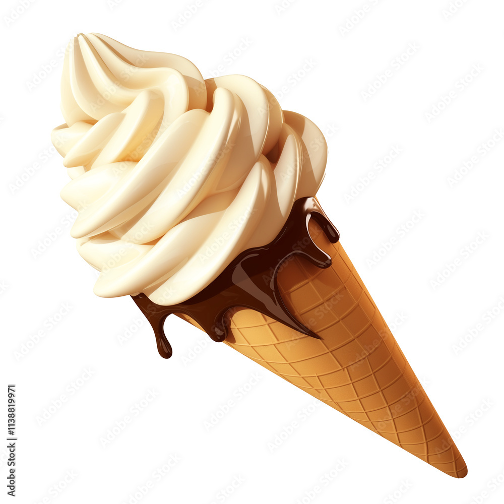 Poster creamy vanilla ice cream cone with chocolate drizzle on transparency background