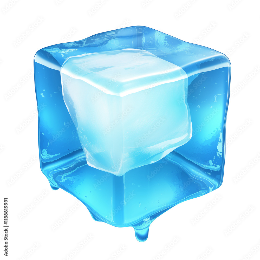 Poster 3d cartoon ice cube icon with flat view, isolated on transparency background