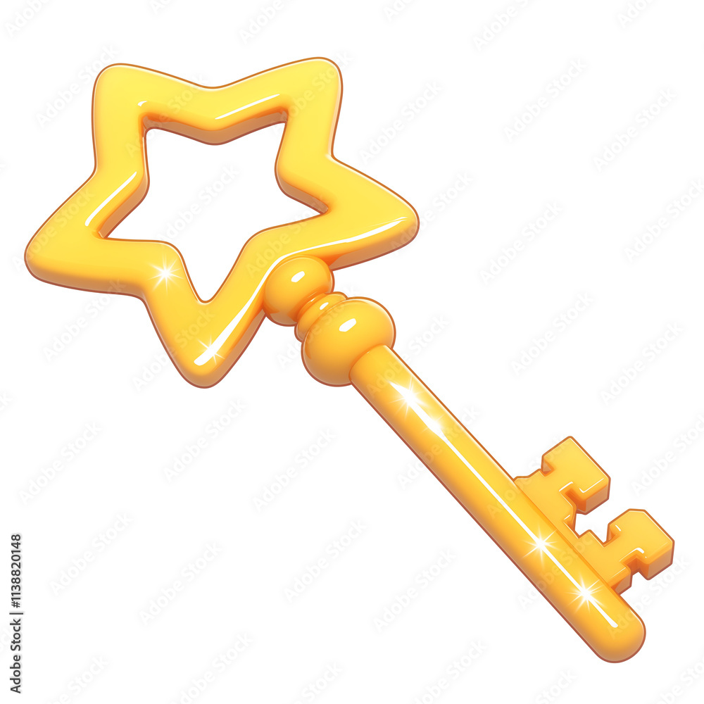 Poster shiny, golden star shaped key with sparkles, isolated on transparency background