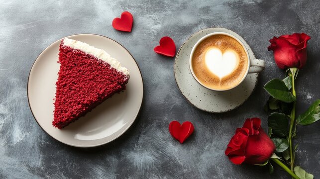 Red velvet cake, latte, and roses, heart decor on gray background.