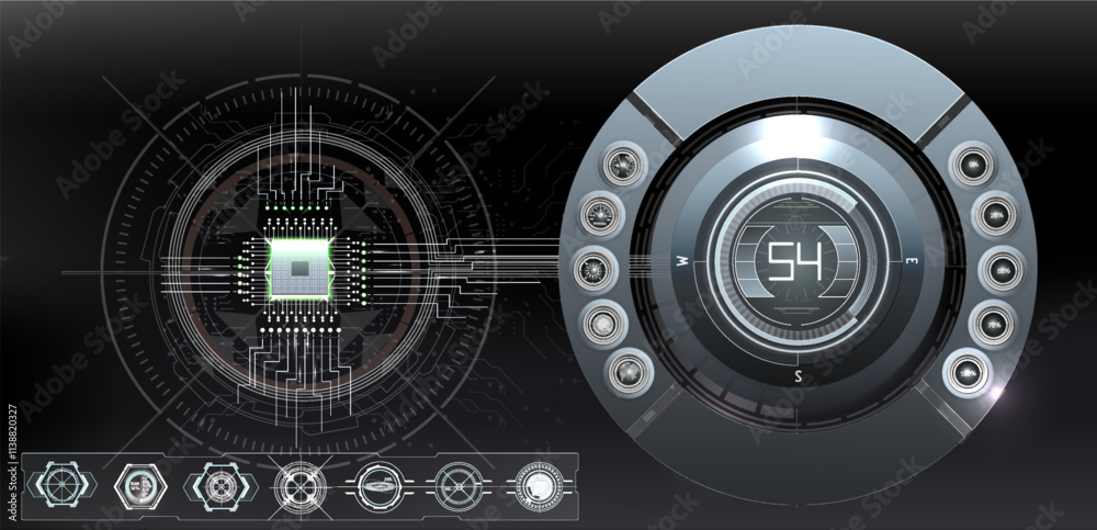 Poster abstract digital interface design showcasing a futuristic control panel with circular elements and i