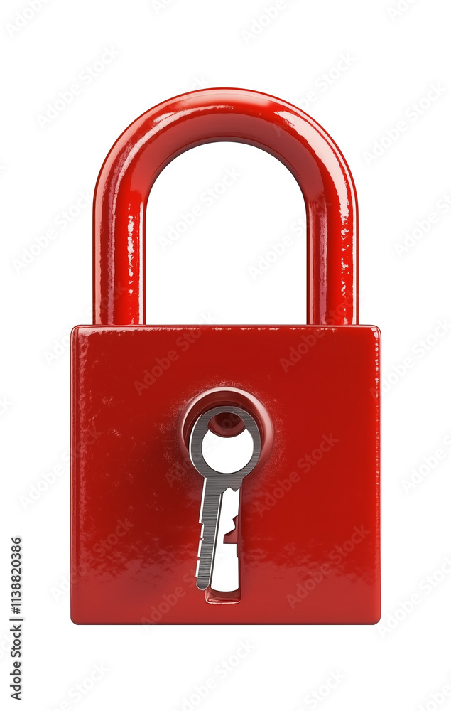 Poster shiny red padlock with key inserted, isolated on transparency background