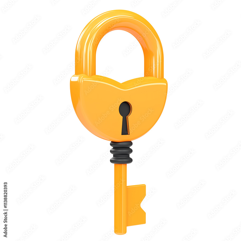 Poster 3d cartoon lock and key in bright yellow, isolated on transparency background