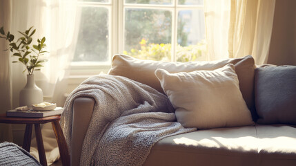 Fototapeta premium Sunlit Living Room Couch with Throw Blanket and Pillows