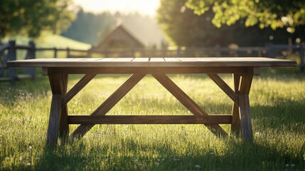 Fototapeta premium Tree Table wood Podium in farm display for food, perfume, and other products on nature background, Table in farm with grass, Sunlight at morning 
