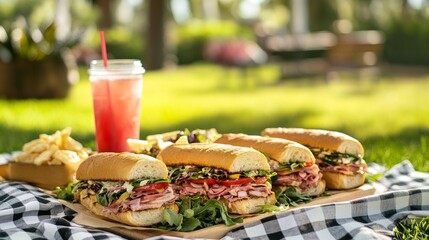 Delicious picnic spread featuring sandwiches, fries, and a refreshing drink on a sunny day in a lush outdoor setting