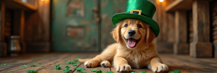 Cute golden retriever puppy wearing green st. patrick's day hat with shamrocks