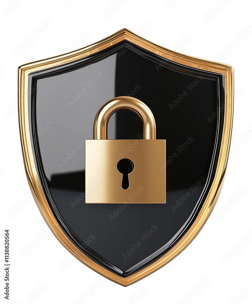 Poster 3d cartoon lock inside shield, flat view, isolated on transparency background