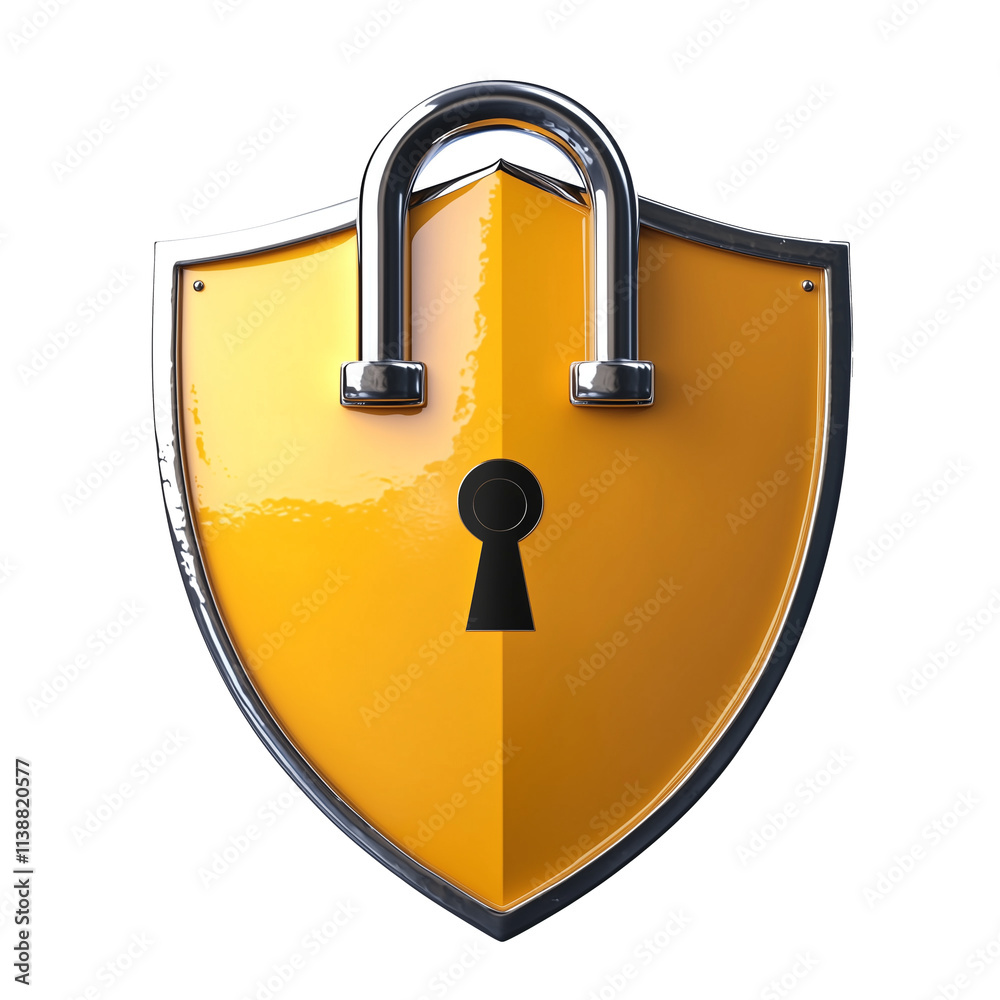 Poster shiny yellow shield with keyhole and chrome lock symbolizes security