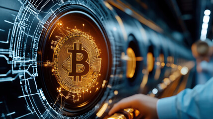 A Bitcoin emblem amid glowing circuits and pipes, representing the seamless integration of cryptocurrency with advanced technology systems.