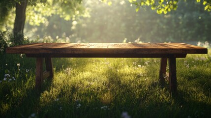 Naklejka premium Tree Table wood Podium in farm display for food, perfume, and other products on nature background, Table in farm with grass, Sunlight at morning 