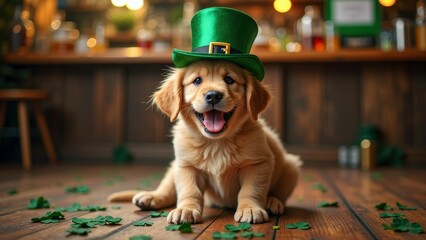 Adorable puppy in leprechaun hat celebrating st. patrick's day with shamrocks