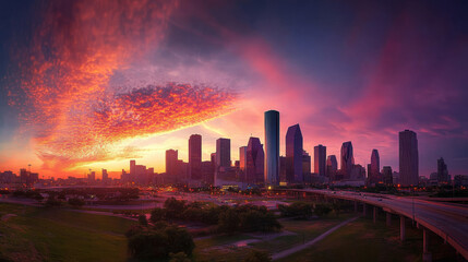 Houston Skyline Sunset: Vibrant Cityscape Panorama