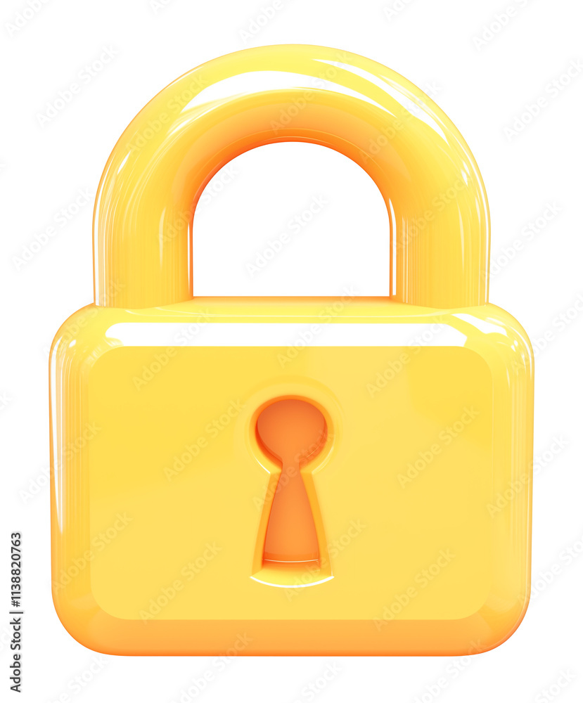 Poster yellow 3d cartoon lock with glowing outline, isolated on transparency background