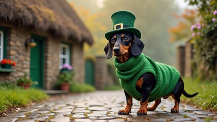 Dachshund in green sweater and leprechaun hat celebrates in charming village