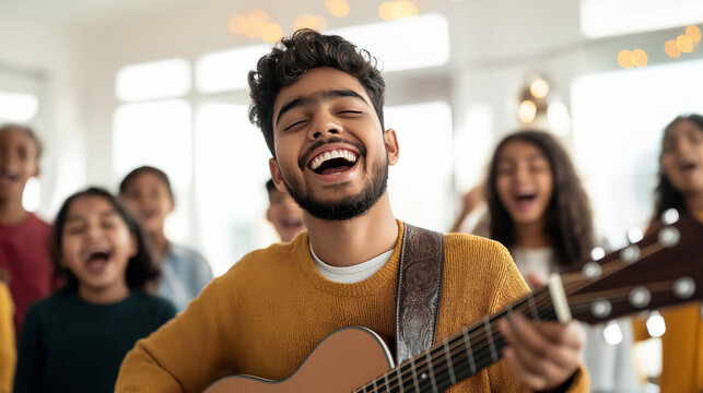 Indian-descent male music teacher joyfully playing guitar and leading diverse group of children in a music lesson