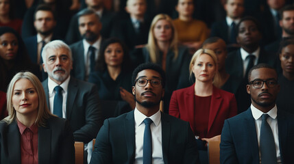 Diverse Business Leaders Conference: Attentive Professionals in Modern Auditorium