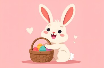 Obraz premium Easter bunny with Easter colorful eggs in a basket on light pink background.