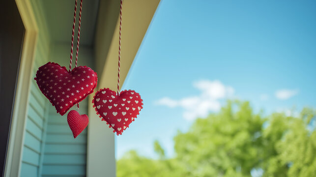 Red heart shaped decorations hanging from the porch of a house against a blue sky and green trees celebrate valentine's day