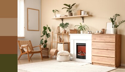 Interior of living room with fireplace, shelving unit and wicker chair near beige wall. Different color patterns