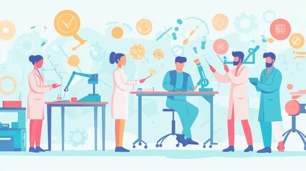 Scientists collaborating in a laboratory setting with various tools and equipment.