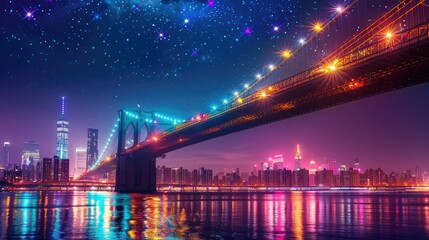 A vibrant cityscape at night featuring a bridge and skyline reflecting in the water.