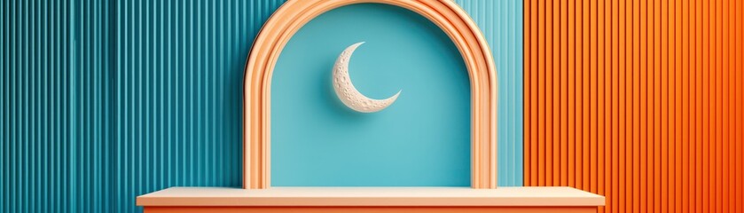 Obraz premium Minimal surreal concept featuring crescent moon against vibrant backdrop of orange and blue stripes, creating calming atmosphere