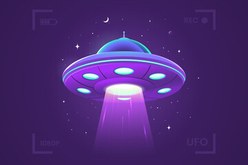 Glowing flying saucer against the background of the starry sky. UFO in the camera viewfinder. Alien abduction. Alien spaceship vector illustration.