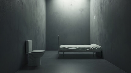 Cold and isolated atmosphere in a sparsely furnished solitary confinement cell with minimal amenities