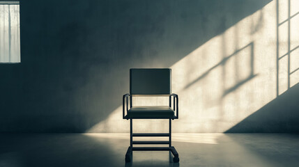 Metal chair in a dimly lit room with long shadows and a barred window