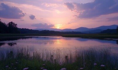 Fototapeta premium Serene sunset over calm lake and mountains. (1)