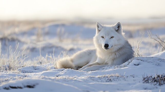 Arctic Wolf in Snowy Landscape. Majestic White Wolf in Winter. Wildlife Photography.