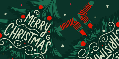 Merry Christmas and Happy New Year banner. Trendy vector illustration with funny Christmas fir tree, snow and typography design. Bright New Year banner for ads, cover, social media.