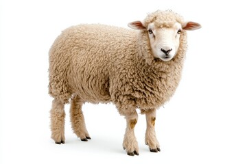 Fluffy sheep standing on white background