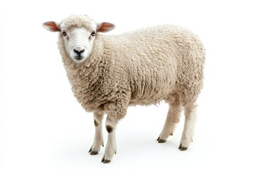 Fototapeta premium Fluffy sheep standing against white background.