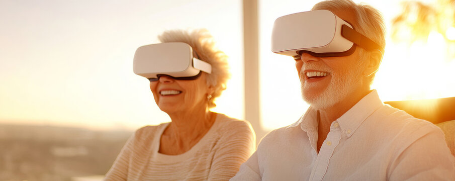 Happy senior couple enjoying a virtual reality experience, embracing technology and sharing smiles while exploring a digital world together