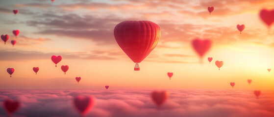 Fototapeta premium Heart Hot Air Balloons Sunset Romantic Flight Dreamy