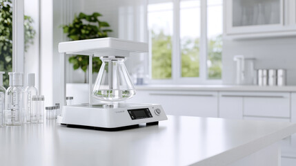 Modern analytical balance precisely measures a liquid sample in a pristine laboratory setting, emphasizing accuracy and scientific research