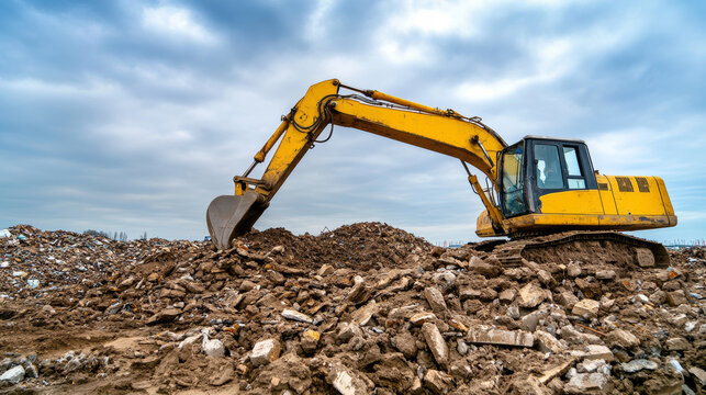 Excavator clearing a landfill site under a cloudy sky, showcasing industrial activity and waste management through moving dirt and debris - Powered by Adobe