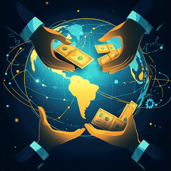 Global financial collaboration with hands exchanging money around the world map