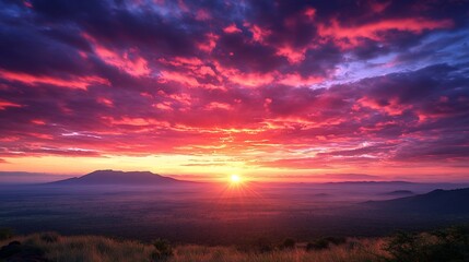 Fototapeta premium Vibrant sunrise over hazy mountains and plains.