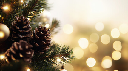 Close-Up of Pine Branches with Small Cones and Lights, Christmas Ball on Cream Background