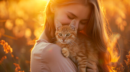 Fototapeta na wymiar A tender moment captured of a woman embracing her cherished cat, showcasing the deep bond and affection between them. Perfect for pet lovers.