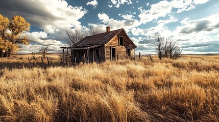 Fototapeta premium Abandoned farmhouse in a golden field. Concept of rural decay and nostalgia.