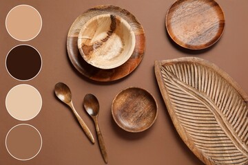 Different wooden tableware on brown background. Different color patterns