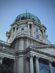 Budapest Castle and museum architecture building, The historical green-domed roof of Buda Castle. Upward view of Dome of national gallery