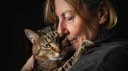 A tender moment captured of a woman embracing her cherished cat, showcasing the deep bond and affection between them. Perfect for pet lovers.