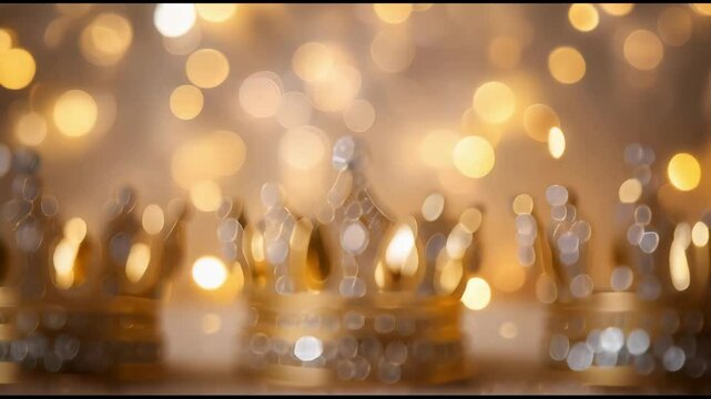 Three Kings' Crowns. Three gold jewelry crowns standing on pastel background with gold bokeh. The Three Wise Men - Los Tres Reyes Magos celebration, Epiphany day